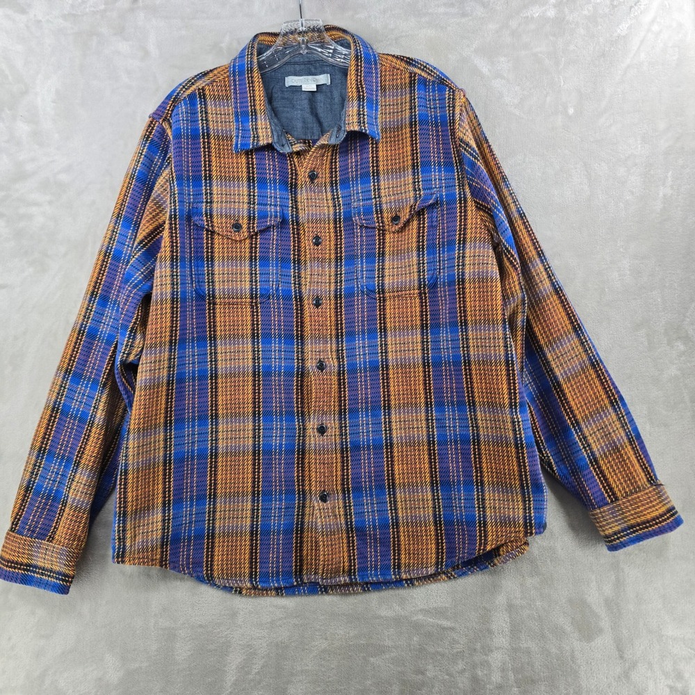 NEW Outerknown Blanket Shirt Mens XL Blue Orange Plaid Organic Cotton Flannel
